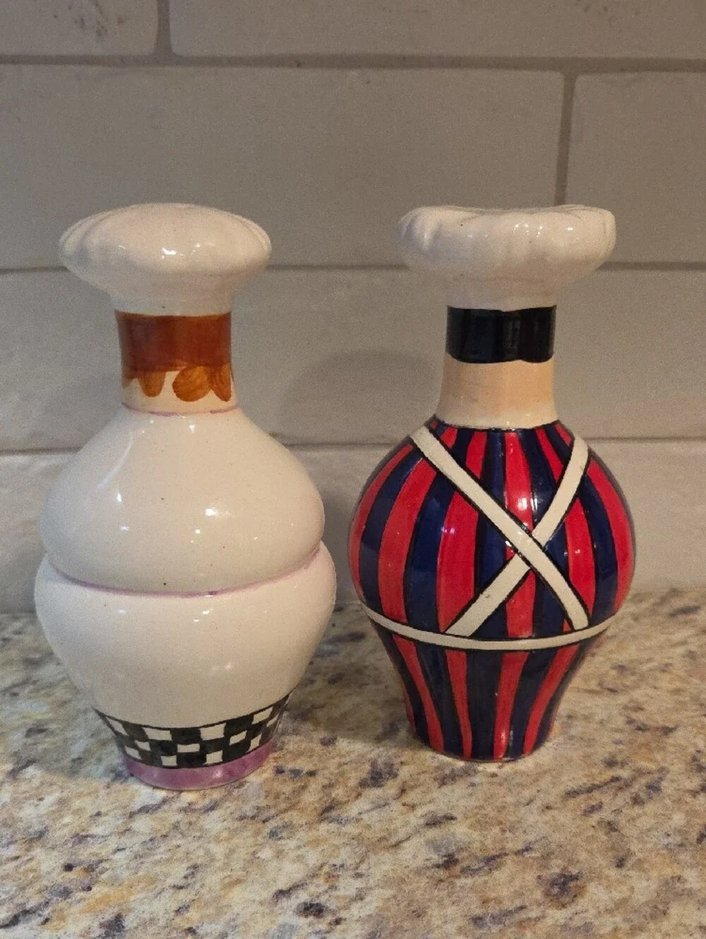 Whimsical Chef Salt and Pepper Shakers - White with Purple & Red Accents